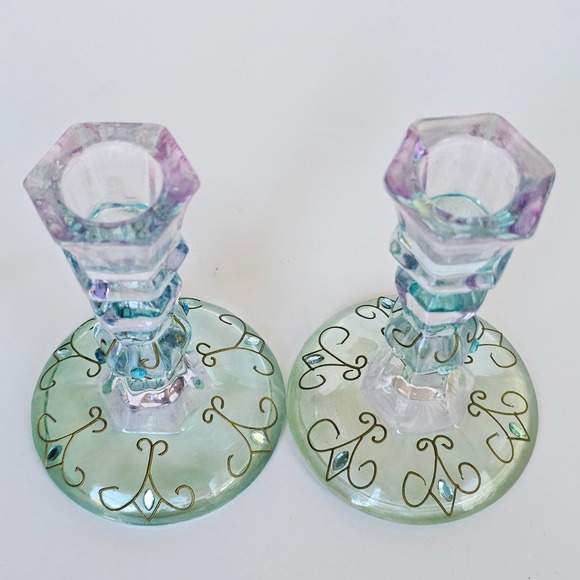 Vintage 80's Bejeweled Partylite Mardi Gras 5" Candle Taper Holder Set of 2 1564 - Picture 4 of 6